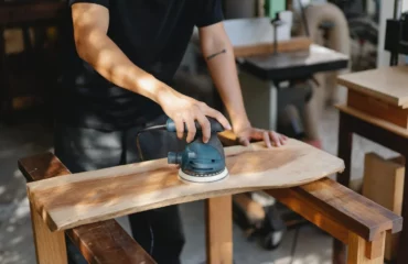 Craftsman polishing wooden board with grinding instrument